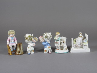 A fairing style figure 3" and 4 various porcelain match strikers decorated children