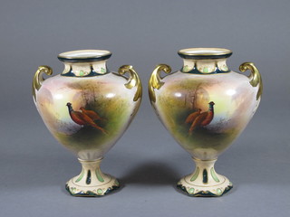 A pair of Crown Devon Worcester style twin handled urns  decorated pheasants 5" and 2 Bavarian porcelain twin handled  vases with silver mounts 3"