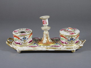 An 18th Century twin handled Derby porcelain standish with ink  well, jar and cover and associated candlestick - f and r, 11"
