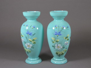 2 Victorian turquoise opaque glass vases decorated flowers 9 1/2"