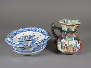 A Victorian Masons octagonal jug decorated Oriental figures 6"  and a Masons blue and white floral pattern soap dish 8"