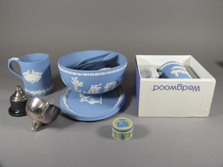A Wedgwood blue Jasperware 1972 Christmas tankard - f, do.  1974, a do. tray 10", do. bowl 8", 3 jars and covers, 2 ashtrays  and a silver plated trophy cup - f,