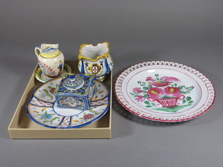 A square Quimperware inkwell 3" - chip to rim, do. vase 3", do. ribbonware plate decorated cockerel 9" and 1 other plate 7" etc