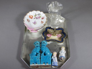A pair of Oriental terracotta figures of Dogs of Fo 4", a pair of miniature biscuit porcelain figures of standing girls 2", an  Austrian porcelain ring tree, 2 late Dresden scallop shaped dishes  5" and a clear glass jug 4"