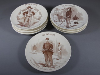 7 French pottery plates decorated military figures, bases marked Faienceries de Sarreguemines 8", 1 with chip to base,