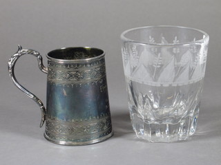 A Victorian etched glass beaker marked Mary Taylor 1854 and a silver plated Christening tankard