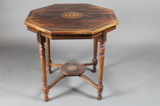 An Edwardian inlaid rosewood octagonal occasional table, raised on turned supports with X framed stretcher 29"w x 29"d x 27"h