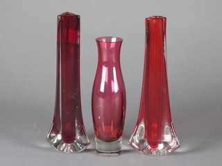 A pair of red Art Glass club shaped vases 9" and 1 other 7 1/2"