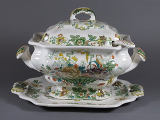 A Masons Chartreuse pattern twin handled tureen, cover and  ladle 11"