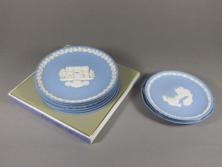 8 Wedgwood blue Jasperware Christmas plates 1974 - 1981, do 1990, 1 other decorated Windsor Castle 5 1/2" and 1 other Jean  Paul II 6 1/2"
