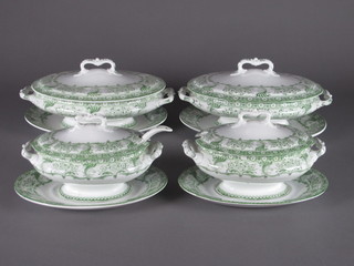 An 8 piece Malvern pattern dinner service with pair of twin handled vegetable tureens and covers, raised on stands, 12", pair  of sauce tureens and stands 8" - 1 cracked with ladles