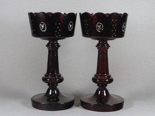 A pair of Victorian red glass lustres 12" - 1 chipped