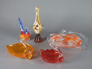 An Art Glass heart shaped bowl 11" and 4 Art Glass figures of animals