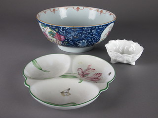 A circular oriental style blue glazed porcelain bowl decorated figures 11" - cracked, a Royal Worcester Fresco pattern 3 section  dish and a circular Coalport dish 4"