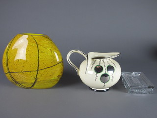 An Arthur Wood Art Pottery jug 6", an Art Glass moon shaped  vase 8" and a glass jar and cover 6"
