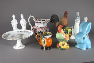 An Ironstone china jug 8", an Aynsley pedestal tazza 10" and  various Aynsley plates, decorative figure of a cockerel etc