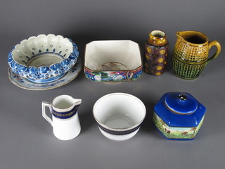 A square 1930's pottery dish 7 1/2", a pottery jug, 2 part tea services etc