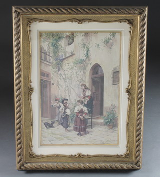Leon Girardet, watercolour drawing "Continental Scene, Children Playing in Courtyard" 20" x 14"   ILLUSTRATED