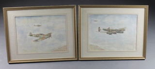 N D Trotter?, pair of watercolour drawings "Lancaster Bomber  and Spitfire in Flight" 11" x 15"