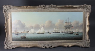 Brian Coole, oil on board "The USS Constitution in New York Harbour, 22" x 53", the reverse with certificate of authenticity   ILLUSTRATED