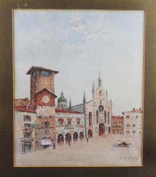 Continental watercolour drawing "Market Square with Cathedral  and Clock Tower" indistinctly signed to bottom right hand corner  12" x 9 1/2"