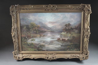 Prudence Turner, oil on canvas "Mountain Loch with Cattle" 19"  x 29"
