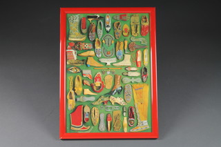 A coloured print "Foot Fetish", ladies shoes from around the  world, contained in a red lacquered frame 17" x 12"