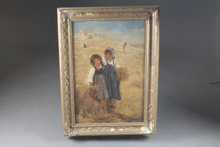 A 19th Century oil on board "Harvest Scene with Two Standing Girls" 21" x 14", indistinctly signed to bottom left hand corner