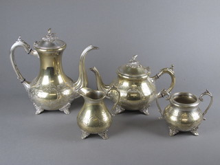 An engraved 4 piece silver plated tea/coffee service comprising teapot, coffee pot, twin handled sugar bowl and cream jug