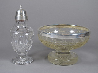 A Victorian circular cut glass pedestal bowl with silver rim 6",  Chester 1899 and a cut glass sugar sifter with plated mounts