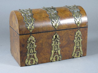 A Victorian figured walnut dome shaped trinket box with brass mounts 9"w x 4 1/2"d x 6"h