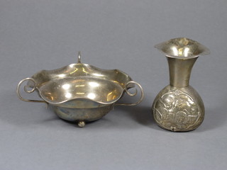 A Victorian club shaped vase, London 1897 and an Edwardian  silver 3 handled dish raised on bun feet Birmingham 1906