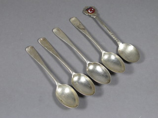 4 Victorian silver Old English pattern coffee spoons, London  1896 and a silver and enamelled souvenir spoon