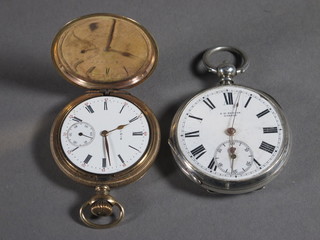 An open faced pocket watch by J W Benson contained in a white metal case and a metal cased pocket watch