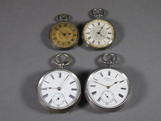A silver open faced pocket watch by J W Benson together with 3 other pocket watches