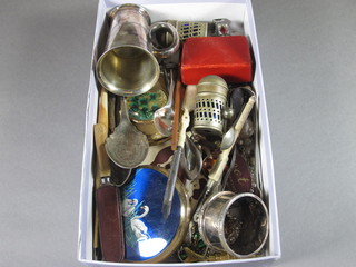 A silver plated spirit measure and a collection of curios etc