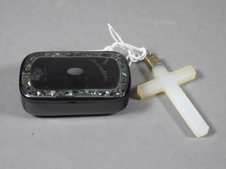 A Victorian rectangular lacquered snuff box with hinged lid 2"  together with a hardstone cross