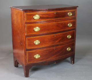 A Georgian mahogany bow front chest with crossbanded top  fitted 4 long drawers, raised on bracket feet 42"w x 23"d x 44"h