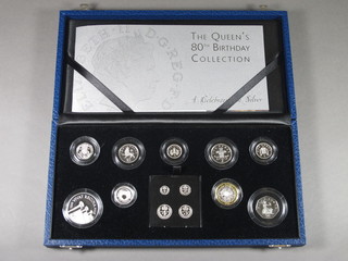 A silver proof cased set of coins to commemorate The Queen's  80th Birthday Collection complete with a 2006 Maundy set, cased