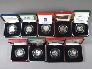 9 various silver proof 50 piece pieces - 1992, 1998, 2000 x 2,  2000 Jersey 60th Anniversary of The Battle of Britain, 2004 x 2,  2005 and 2007