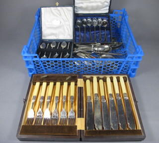 A set of 6 silver plated fish knives and forks cased, 2 sets of 6 silver plated teaspoons, cased and other flatware