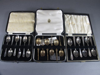 A set of 6 silver gilt anointing spoons and 2 sets of 6 silver  plated teaspoons
