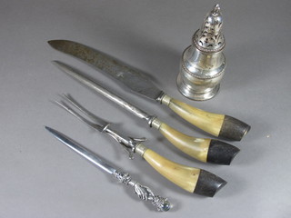 A 3 piece horn handled carving set comprising carving knife,  fork, steel, a paper knife and a silver plated sugar sifter
