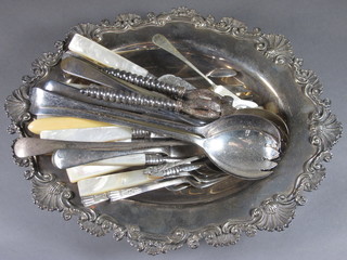 A silver plated dish and a collection of various flatware