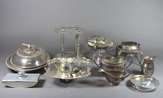 An oval silver plated entree dish and cover and a collection of various silver plated items