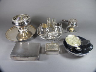 A rectangular silver plated cigarette box with hinged lid 6 1/2" together with a collection of plated items