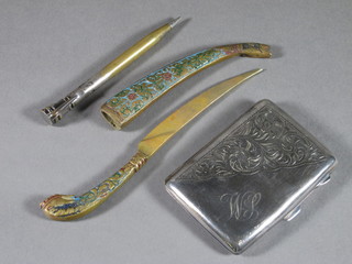 A silver plated cigarette case, a small gilt metal paper knife and a  propelling pencil