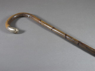 A bamboo walking stick with silver mount