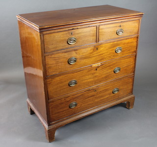 A 19th Century inlaid mahogany chest of 2 short and 3 long drawers with brass handles, raised on bracket feet 43"w x 22  1/2"d x 44"h