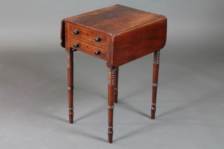 A Victorian mahogany drop flap table fitted 2 drawers, raised on turned supports 17 1/2"w x 28"h x 26"d